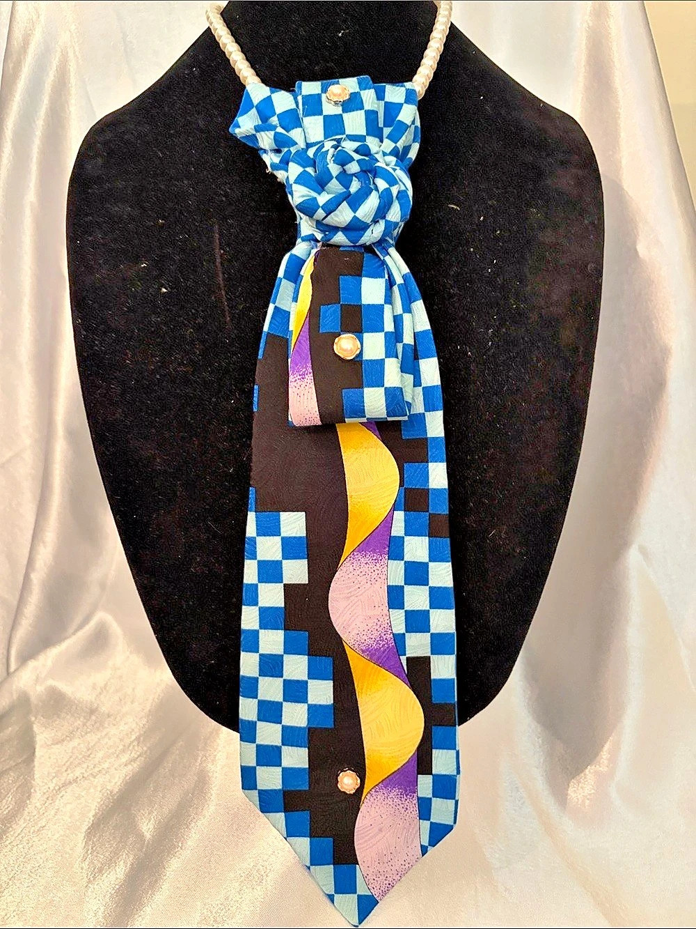 Checkered Silk Tie Necklace in Blue & Black